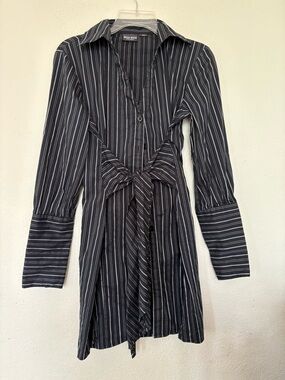 Bisou Bisou Black Pinstripe Tie-Front Long Sleeve Dress